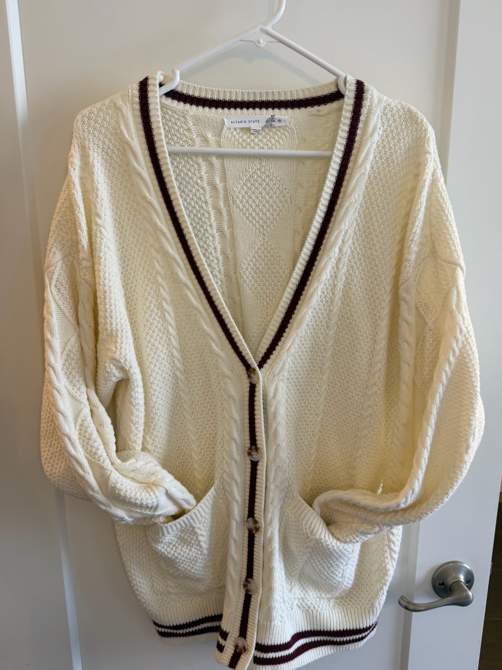 Altar'd State Cream Cable Knit Cardigan with Brown Trim